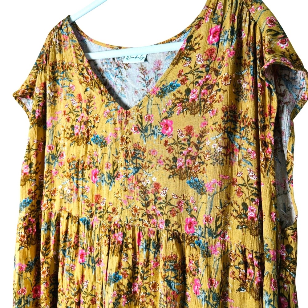 Wonderly 2X Mustard Floral Maxi Dress Cottagecore Boho Tiered Cap Sleeve Rayon - Picture 4 of 13